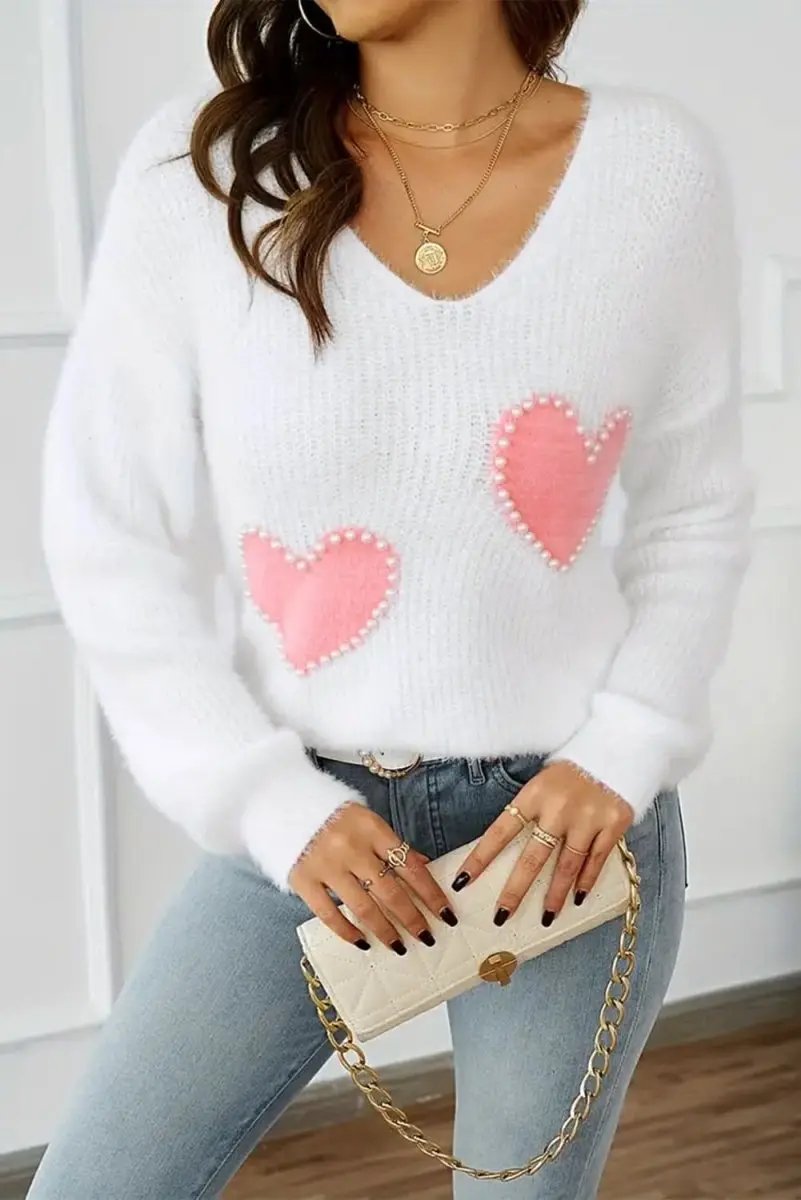 White Pearl Beaded Heart Pattern Fuzzy V Neck Sweater - Love Salve